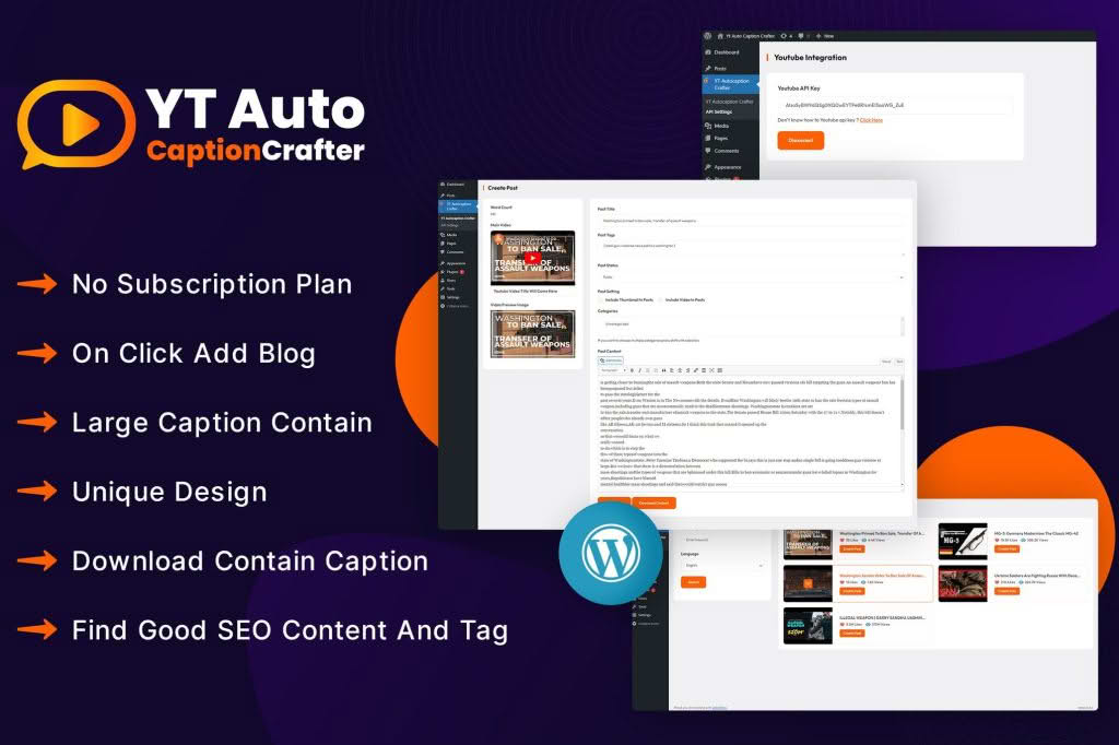 Download YTCaptionCrafter Video Content Generator WP Plugin