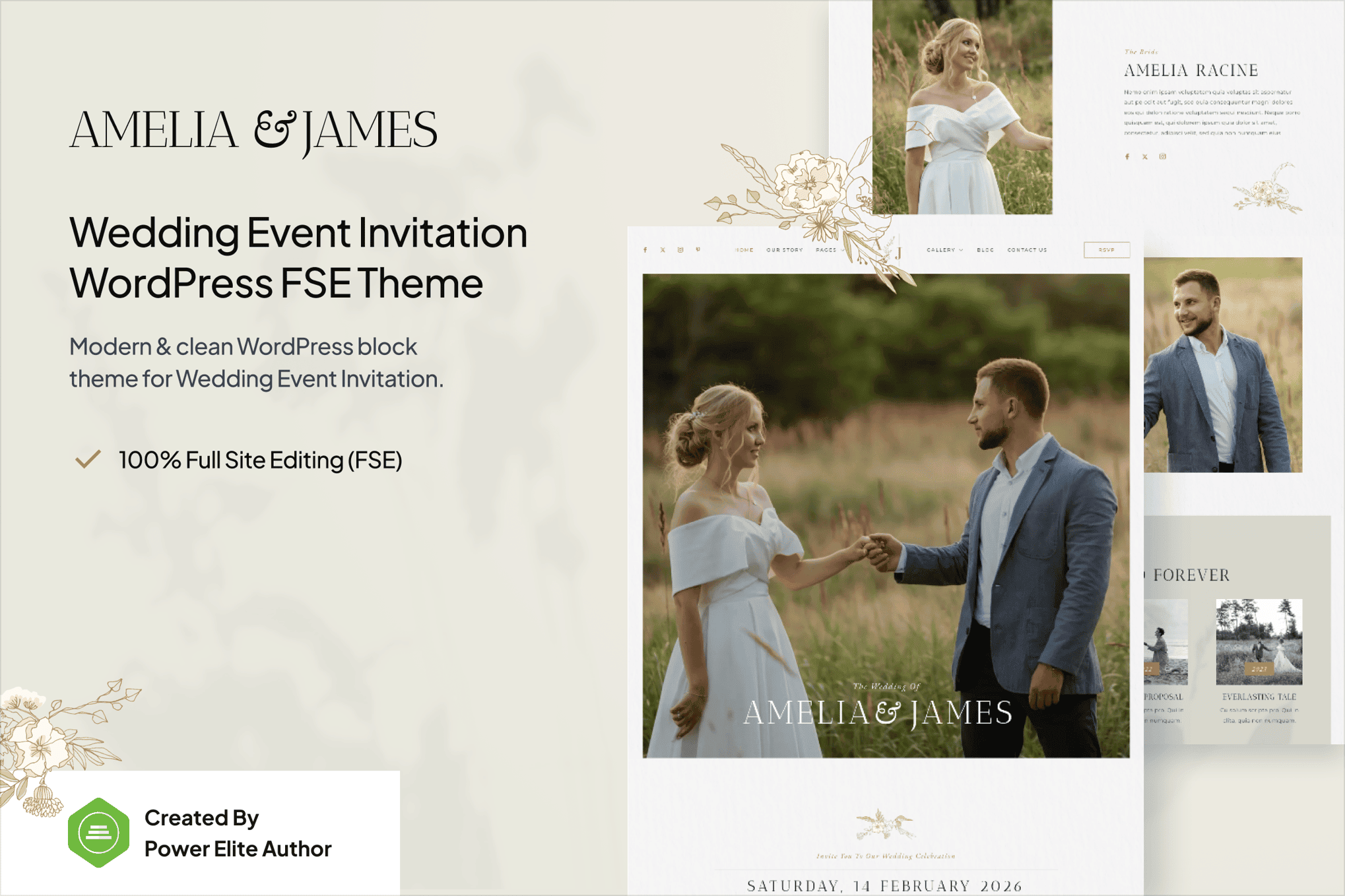 Amelia & James – Wedding Invitation Gutenverse FSE WordPress Block Theme