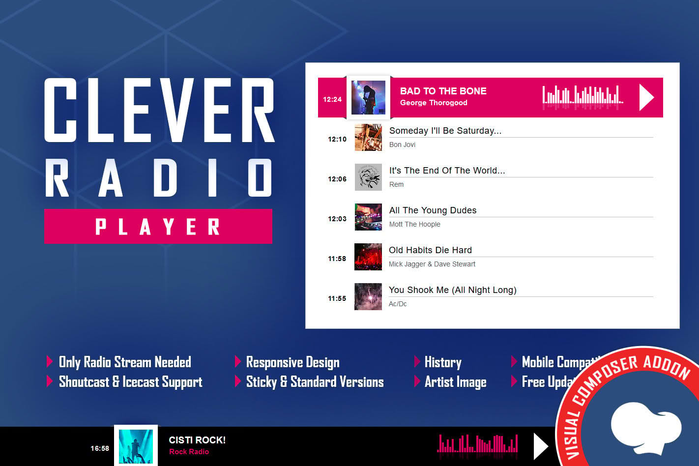 Download CLEVER - HTML5 Radio Player With History - Addon For Visual Composer GPL WordPress Plugin