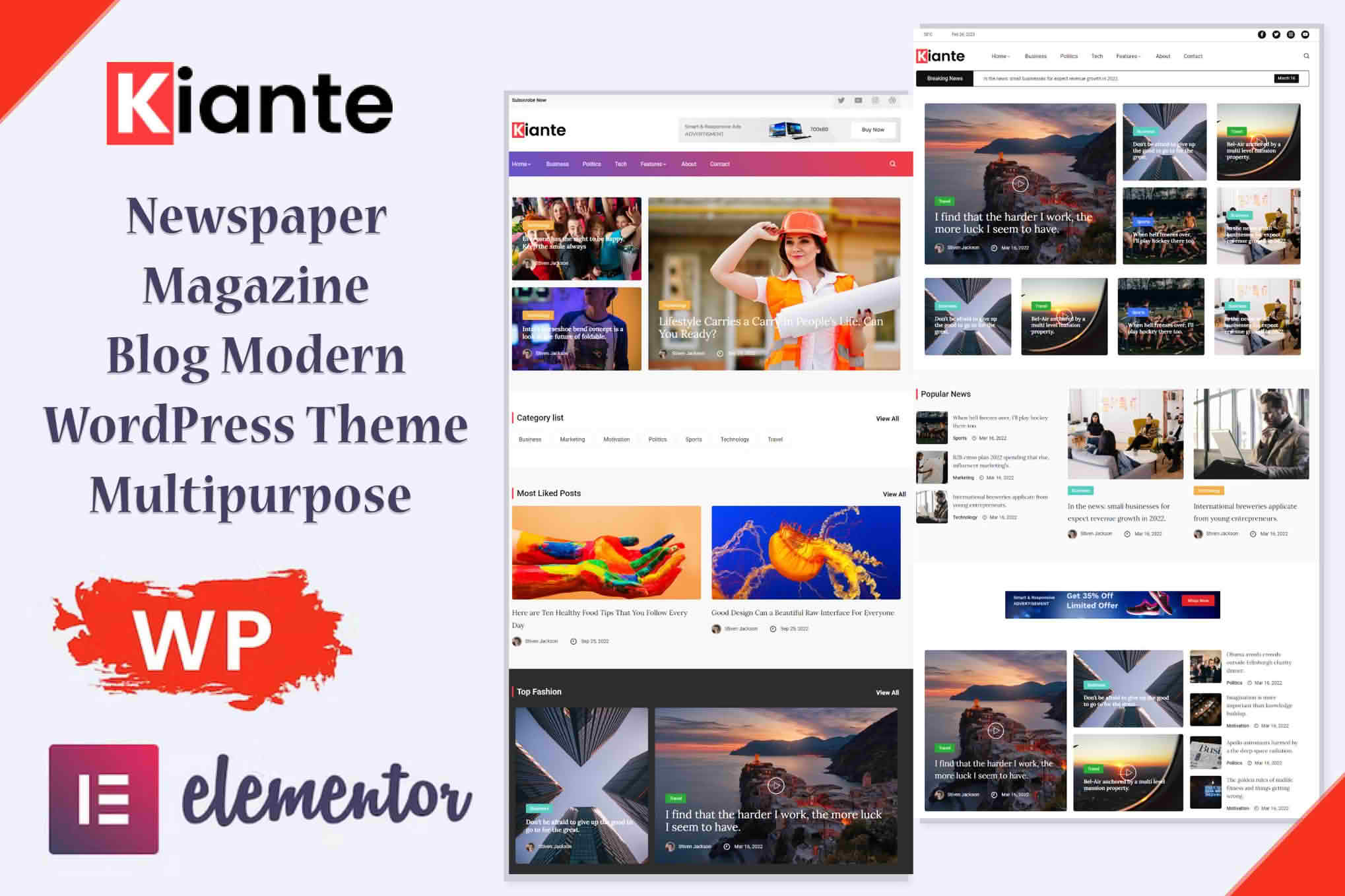 Download Kiante - Newspaper Magazine Blog Multi-Purpose Elementor WordPress Theme GPL WordPress Plugin