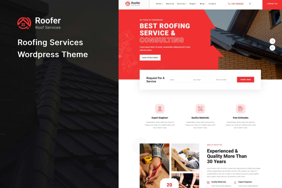 Download Roofer - Roofing Services WordPress Theme + RTL GPL WordPress Plugin
